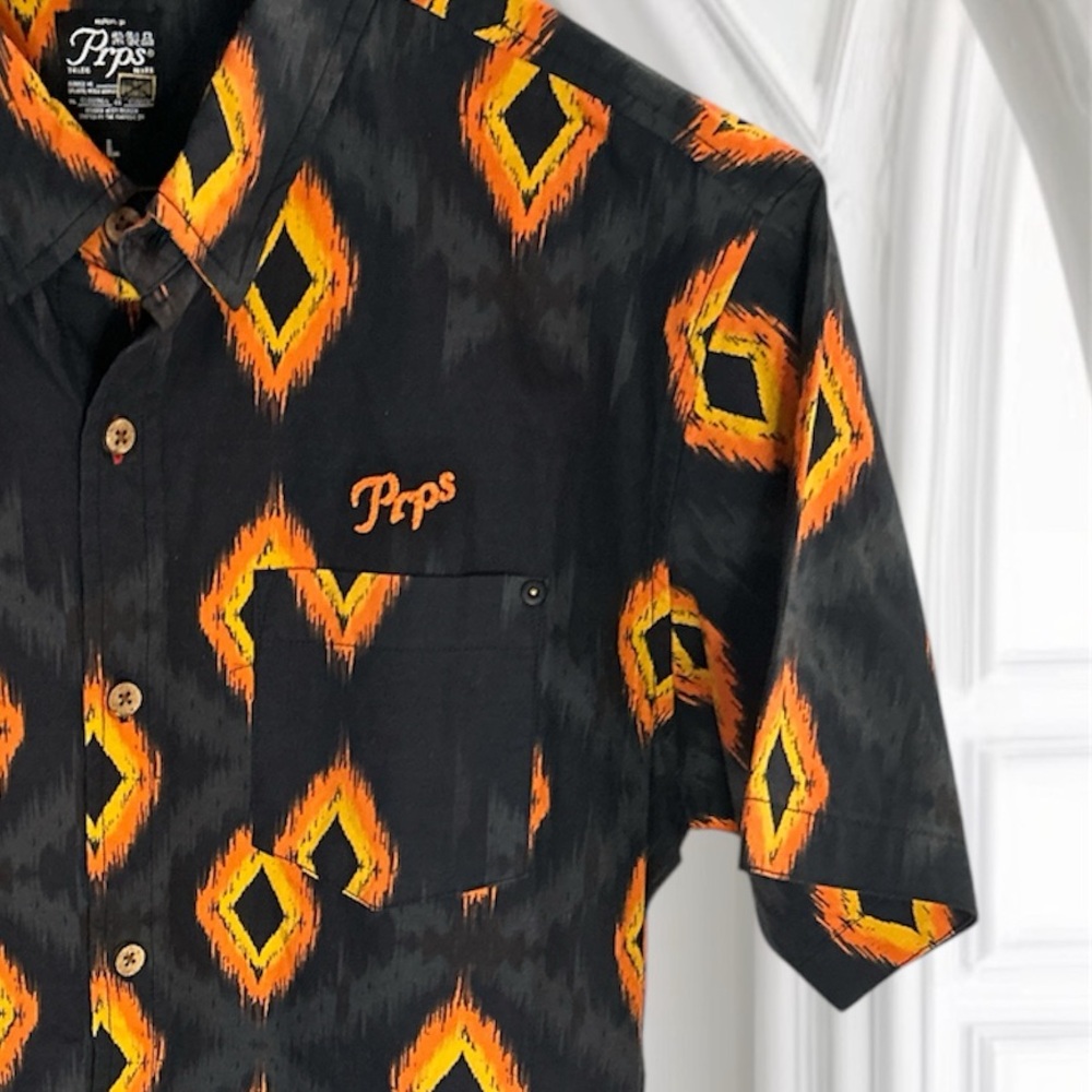 PRPS Mens Short Sleeve Summer-Weight ResortWear Sz L 100% Cotton Shirt Blk/Org - Picture 5 of 12